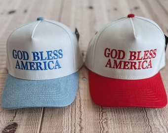 God Bless America Trucker Hat  Embroidered Snapback, Patriotic USA Hat, 4th of July Hat, American Flag Adjustable Cap, Country Western Style