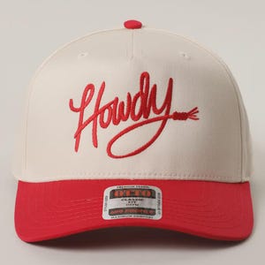 Howdy Embroidered Red and Beige Trucker Hat – Western Cowboy Cap – Country Girl Hat – Rodeo Ranch Style – Southern Style Baseball Cap