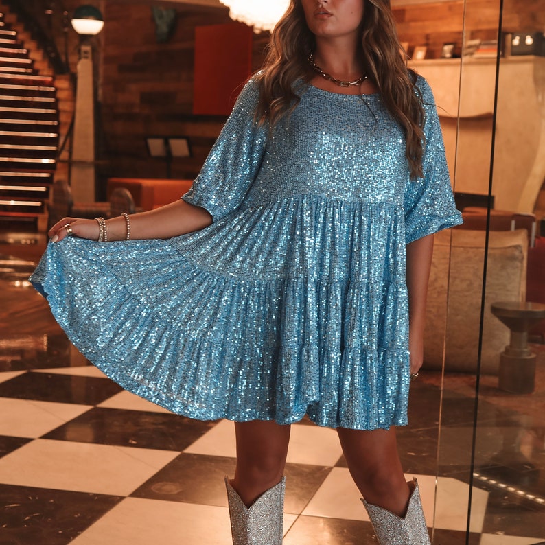 Disco Baby One-Shoulder Sequin Mini Dress Light Blue