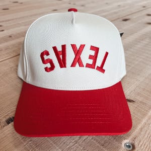 Texas Trucker Hat – Two-Tone Red Snapback, Upside Down Embroidered Hat, Cute Texas Gift, Southern Aesthetic Hat, Adjustable Trucker Hat