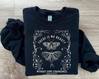 Sudadera Dark Academia, camiseta de cuello redondo con diseño de polilla y poesía de Edgar Allen Poe, unisex, de algodón, estilo libresco, manga larga, estilo fairycore, conjunto cottagecore para otoño.