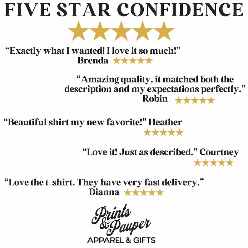 May include: Five star customer reviews for Prints & Pauper Apparel & Gifts.  The reviews highlight the quality of the products and the fast delivery.  The text reads "Exactly what I wanted! I love it so much!" Brenda. "Amazing quality, it matched both the description and my expectations perfectly." Robin. "Beautiful shirt my new favorite!" Heather. "Love it! Just as described." Courtney. "Love the t-shirt. They have very fast delivery." Dianna.