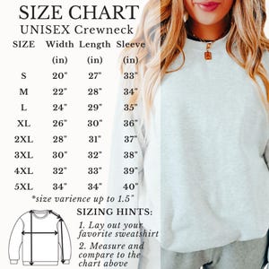 Puede incluir: Tabla de tallas para una sudadera unisex de cuello redondo, con medidas en pulgadas para el ancho, el largo y la longitud de la manga. Las tallas van de la S a la 5XL. Incluye consejos de tallas: extiende tu sudadera favorita, mide y compara con la tabla.