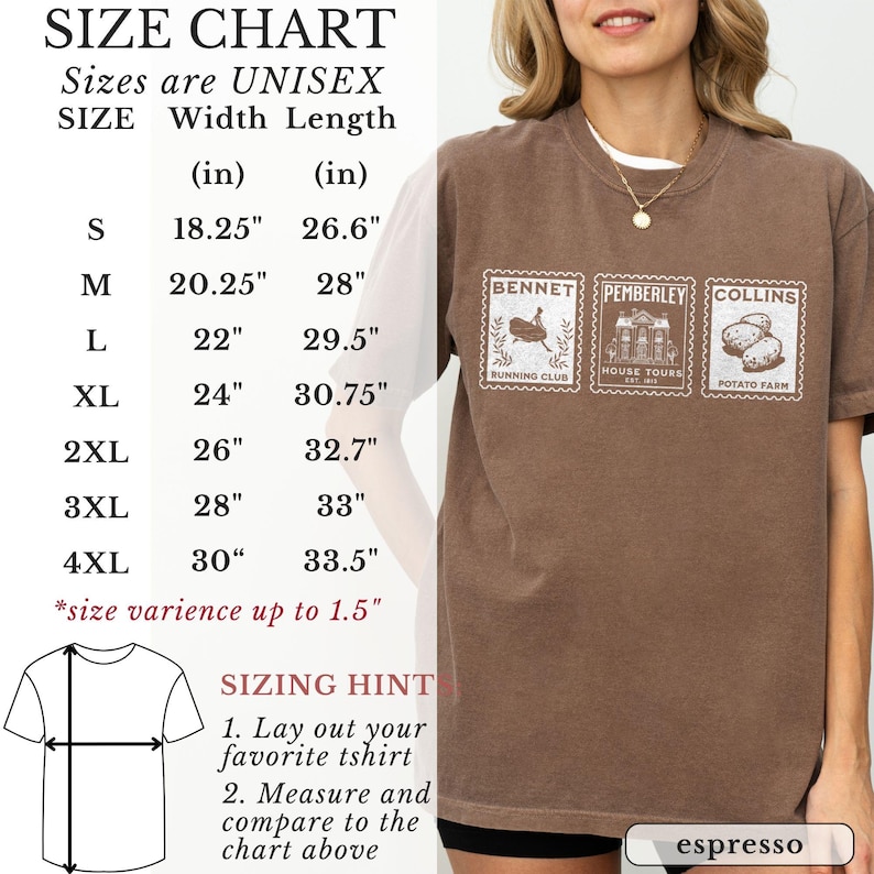 K&ouml;nnte beinhalten: Espressofarbenes Unisex-T-Shirt mit Rundhalsausschnitt. Das Shirt hat drei stempelf&ouml;rmige Grafiken mit Text. Auf der linken Seite ist eine Gr&ouml;&szlig;entabelle mit Ma&szlig;en in Zentimetern abgebildet. Der Text auf dem Shirt enth&auml;lt "BENNET", "PEMBERLEY" und "COLLINS".
