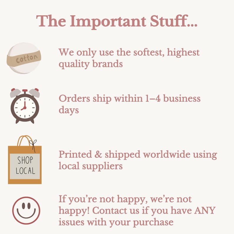 Puede incluir: Gr&aacute;fico con texto que dice "The Important Stuff..." e incluye iconos de una bola de algod&oacute;n, un despertador, una bolsa de la compra y una carita sonriente. El texto describe la calidad de las marcas, los tiempos de env&iacute;o y los proveedores locales.
