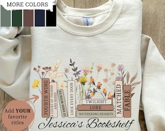 Sudadera personalizada con estantería, merchandising literario, sudadera de cuello redondo personalizada, regalo para lectores y miembros del club de lectura. Camiseta hecha a medida con estampado floral. Regalo literario.