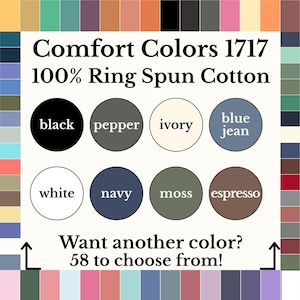 K&ouml;nnte beinhalten: Eine Farbkarte f&uuml;r Comfort Colors 1717, aus 100 % ringgesponnener Baumwolle. Die Karte zeigt acht Farboptionen: Schwarz, Pfeffer, Elfenbein, Blue Jean, Wei&szlig;, Marine, Moos und Espresso. Der Text erw&auml;hnt auch 58 weitere Farben.