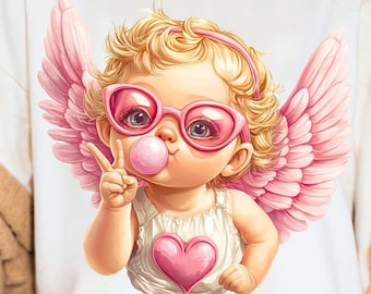 Retro Cupid Blowing Bubble PNG, Vintage Valentines Day T Shirt, Cupid With Sunglasses, Love Hearts Valentine Sublimation, Digital Download