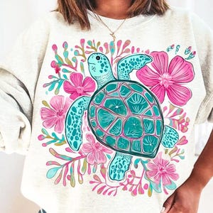 Tortuga marina PNG, Estética de pescador PNG, Playa PNG, Descarga digital instantánea, Tortuga PNG, Tortuga floral boho, PNG floral boho, Tortuga linda