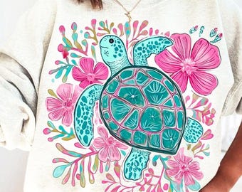 Sea Turtle PNG, Fisherman Aesthetic Png, Beach Png, Instant DIGITAL Download, Turtle Png, Boho Floral Turtle, boho floral png, cute Turtle
