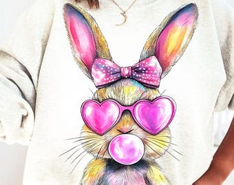 Easter Bunny Coquette Png, Bunny blowing bubble gum png, Happy Easter png, Coquette Bunny png, Coquette Easter png, Kids Easter Sublimation