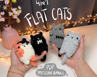 Patrón de GANCHILLO 4 en 1 Flat Cats, paquete de patrones sin costura, gatito de crochet