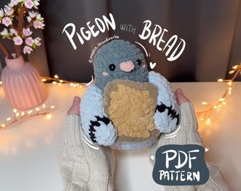 Pigeon with bread CROCHET PATTERN, cute crochet bird