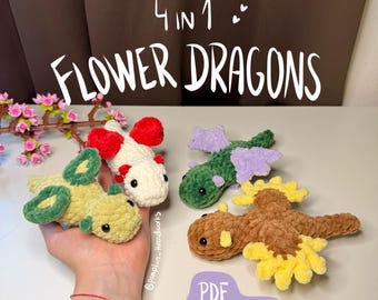 Dragones de flores 4 en 1 PATRÓN DE GANCHILLO, paquete de patrones, dragón de crochet