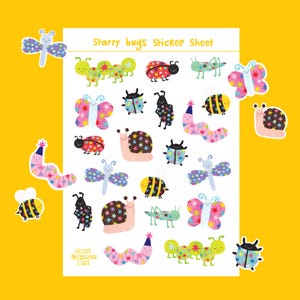 May include: A white sticker sheet titled Starry bugs Sticker Sheet featuring various colourful insect illustrations including butterflies, snails, caterpillars, bees, and beetles decorated with multi-coloured star patterns on a bright yellow background.