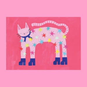 May include: A pink cat illustration with colorful star accents and blue boots, set against a pink background. The cat wears a blue scarf and has a striped tail. Whiskers and facial details are visible.