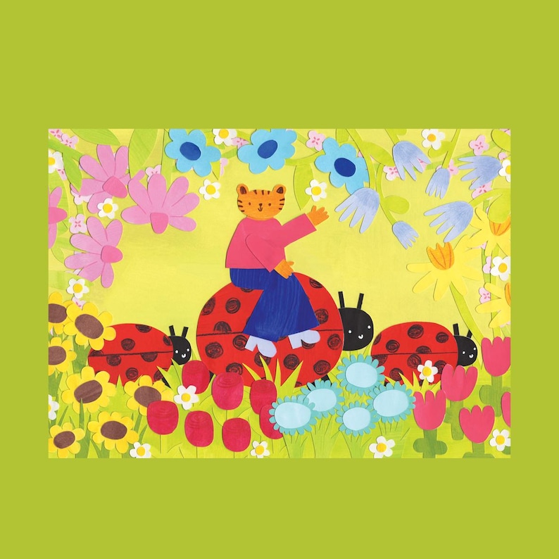 May include: A whimsical illustration depicts a tiger-like character riding a large red ladybug with black spots. The scene is set in a colorful garden with flowers and other ladybugs. The background is a bright yellow.