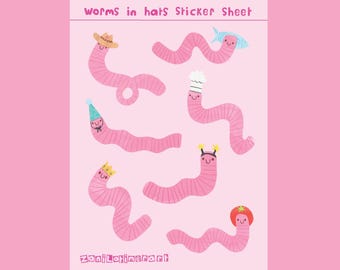 Worms in hats A6 sticker sheet