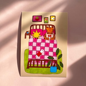 Cozy Tiger in Bed A5 Art Print: Kawaii Room Decor