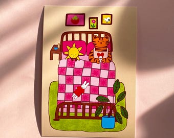 Cozy Tiger in Bed A5 Art Print: Kawaii Room Decor