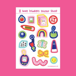 May include: A sticker sheet featuring a variety of colourful illustrations. The sheet includes a tomato, a stamp, a blind box, an "I love me" badge, a pencil, a rainbow, a frog, a pool ball, a die, a flower, a butterfly, a bow, a worm, and a smiley face.