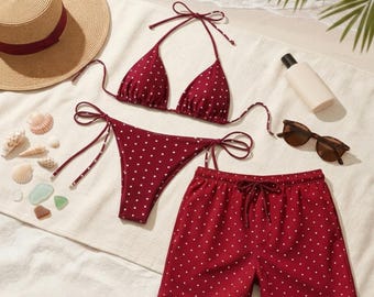 Matching Couples Swimwear Polka Dot, Women's Triangle Bikini Set & Men's Swim Trunks, Honeymoon Beachwear, Burgundy Red Matching Swimsuits
