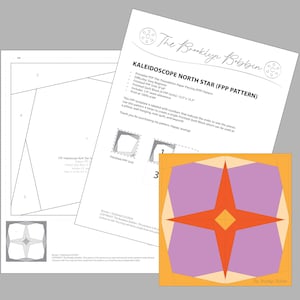 Beginner Foundation Paper Piecing (FPP) Kaleidoscope North Star pattern, 15.5” x 15.5” finished block (4 FPP units), printable PDF