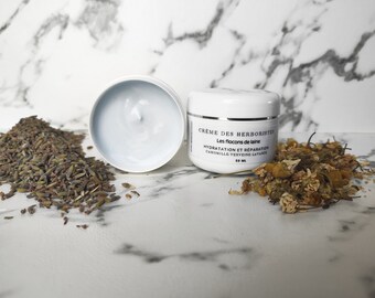 Crème visage 100% naturelle infusée aux plantes apaisantes, soin anti-âge botanique vegan hydratant réparateur artisanal et bio peaux sèches