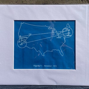 May include: A blue and white map of the United States showing the locations of various universities and research institutions connected by lines. The map is titled "Figure 7: December 1970".
