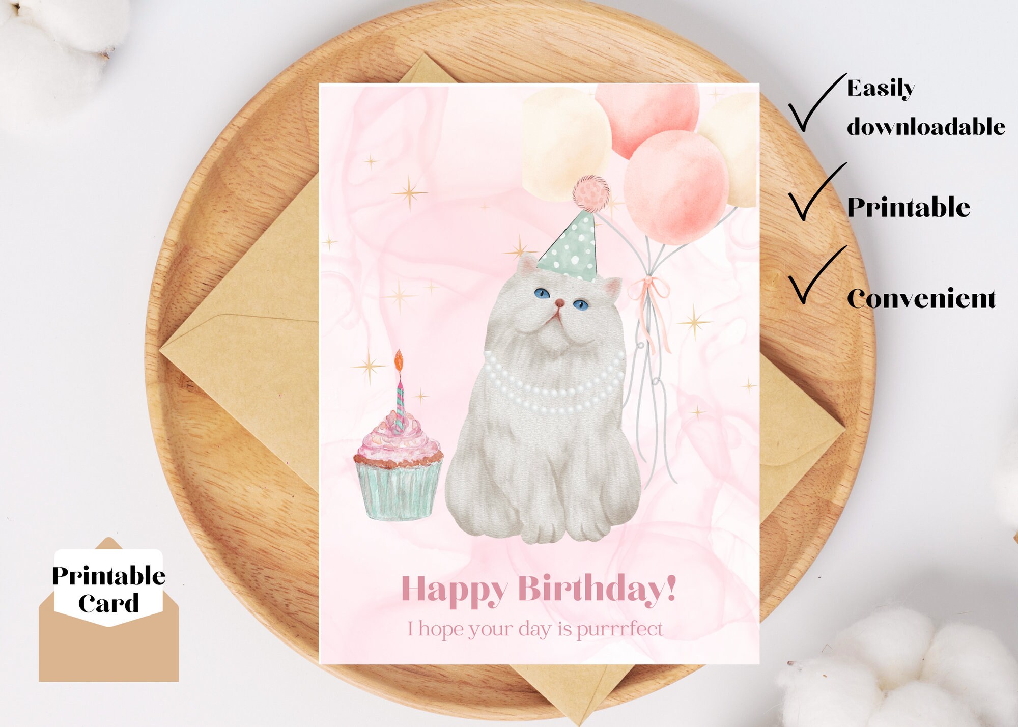 Downloadable and Printable Birthday Card, Cat Card, Instant Download ...