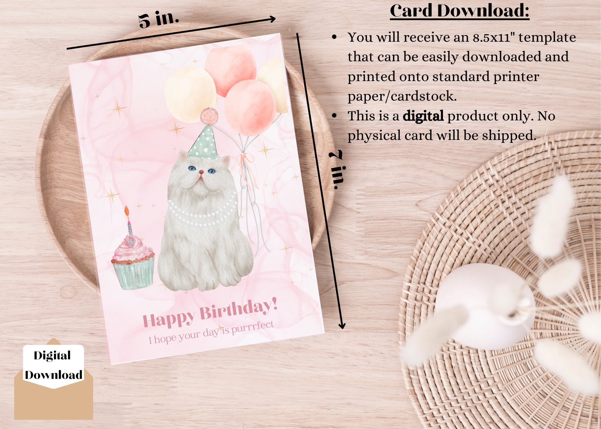 Downloadable and Printable Birthday Card, Cat Card, Instant Download ...