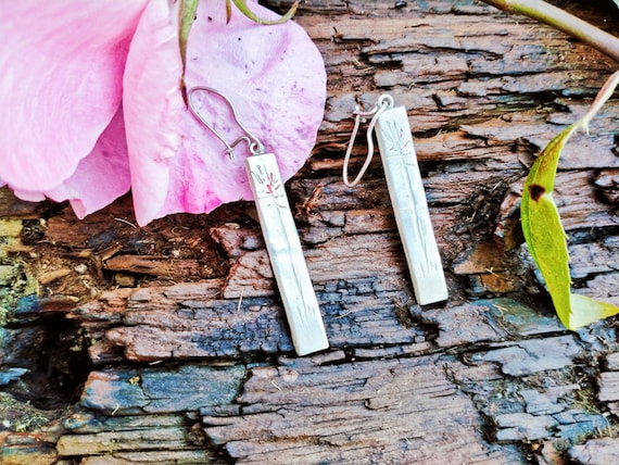 Rectangular Long 925 Sterling Silver Textured Han… - image 1