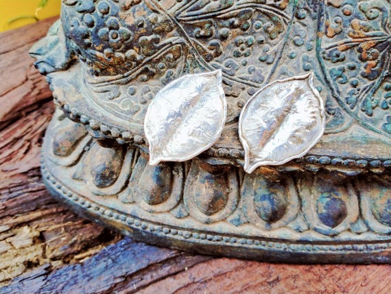 Leaf Shape, Textured Solid Sterling Silver, 925 C… - image 2