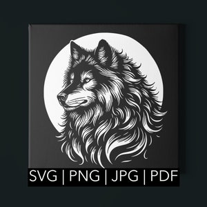 May include: Black and white illustration of a wolf's head in profile, set against a white circle on a black background. The image includes the text "SVG | PNG | JPG | PDF" at the bottom, indicating file formats.