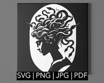 May include: Black and white silhouette of Medusa, a mythical Greek figure with snakes for hair, in a circular frame.