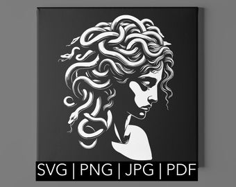 Könnte beinhalten: Schwarz-weiß-Illustration einer Frau mit Schlangen als Haaren. Das Gesicht der Frau ist sichtbar und sie blickt nach unten. Das Bild ist auf schwarzem Hintergrund.