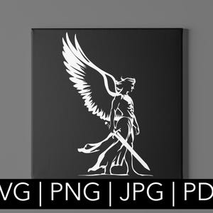 May include: A white silhouette of an angel with wings spread wide, holding a sword in their right hand. The angel is standing on a black background.
