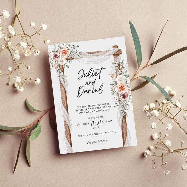 White Brown Floral Wedding Invitation Neutral floral wedding invitation Boho wedding invitation Printable wedding invitation template