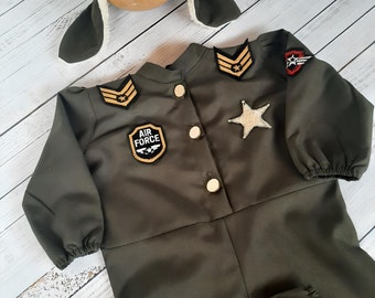 Handmade Personalized Army Air Force Pilot Costume with Hat - High-Quality Fabric for Birthday , Photo Prop and Halloween