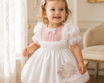 Abito da bambina rosa e bianco, completo per bambina con rose ricamate, vestito di compleanno con volant in pizzo
