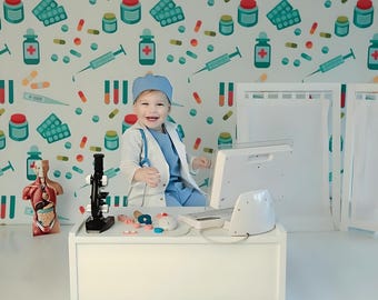 Handmade Doctor Costume Set for Baby, Toddler, Kids — Lab Coat, Scrubs & Cap | Halloween, Birthday, Career Day, Photo Shoots