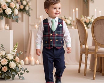 Dapper Plaid Formal Suit Set | Navy Blue Tartan Waistcoat Outfit | Mint Green Tie | Wedding Ring Bearer Attire | Elegant Boy Clothing