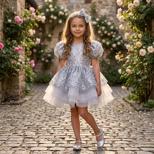 Puede incluir: Una joven con un vestido plateado con lentejuelas, una falda de tul blanco en capas y un lazo a juego. El vestido tiene mangas cortas abullonadas y se combina con zapatos plateados. El fondo presenta un camino empedrado y rosas florecientes.