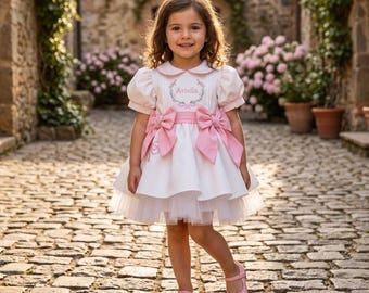 Vestido formal personalizado com laço rosa | Vestido de tule com bordado floral personalizado | Roupa para eventos especiais