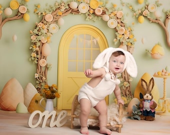 May include: A baby wearing a white bunny costume sits on a small wooden bed with a fluffy white blanket. The baby is looking at the camera and smiling. The background is a green and yellow Easter-themed backdrop with a yellow door and a wooden archway decorated with flowers and eggs.