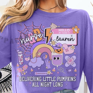 Personalized Halloween Labor and Delivery Nurse Doodle Shirt L&D Halloween Shirt Custom Boo Crew Maternity Nurse Halloween Long Sleeve