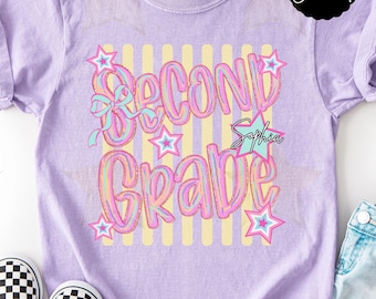 Gepersonaliseerde preppy back-to-schoolshirt voor meisjes van het tweede leerjaar, gestreept T-shirt met strik voor meisjes 2e leerjaar cadeau eerste schooldag cadeau