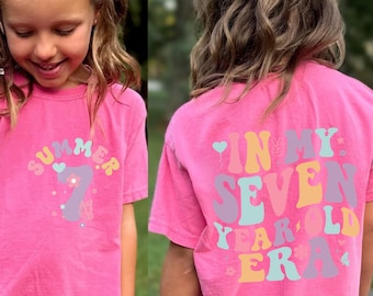 Kids Comfort Colors Custom In My Seven Year Old Era Shirt, Custom 7th Birthday Girl Shirt, Retro Birthday Shirt Girl Gift, Custom Name Shirt