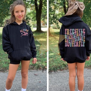 Moletom de natação personalizado, moletom com capuz para natação, moletom borboleta estilo costas estilo peito, camiseta de equipe de natação para meninas, presente de natação