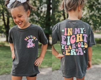 Kids Comfort Colors Custom In My Eight Year Old Era Shirt, Custom 8th Birthday Girl Shirt, Retro Birthday Shirt, Girl Gift Custom Name Shirt